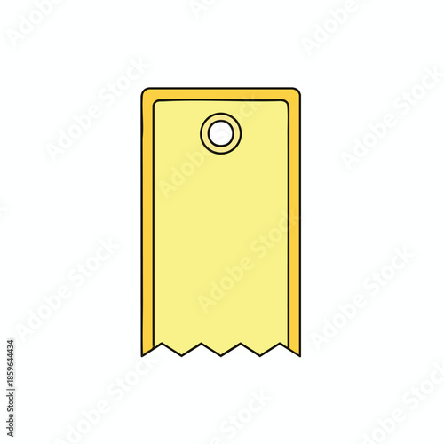 A yellow rectangular tag with a hole, black border, and a jagged edge