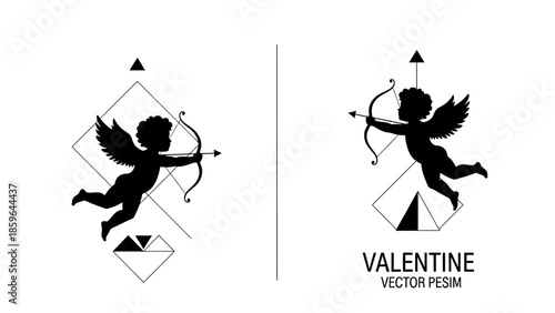 Two Playful Cupid Icons with Bow and Arrow for Valentine's Day on Isolated White Background