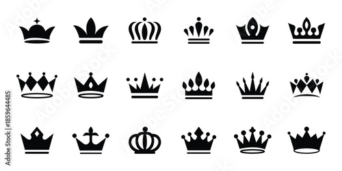 Royal Crown Icon Set – King Queen Crown, Luxury Royalty Symbol, Monarchy Black Silhouette Vector Collection