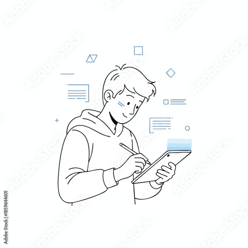 Line art of a person using a stylus on a tablet surrounded by floating shapes