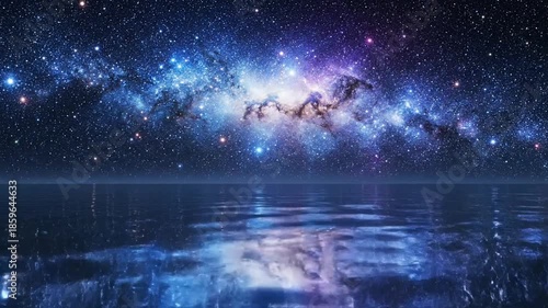 Cosmic galaxy view with stars reflecting on water surface during nighttime digital illustration