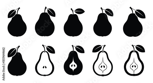 A collection of black silhouette pears arranged in a grid pattern