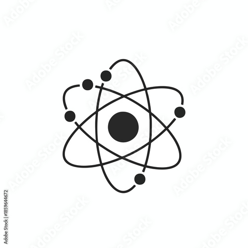 A minimalistic black and white atom illustration