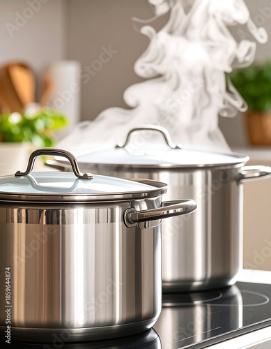 Two stainless steel pots steaming on a stovetop