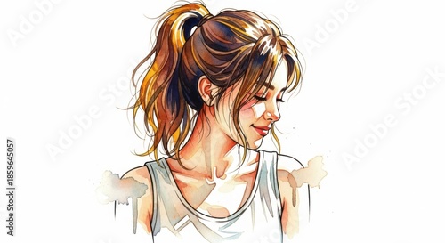 Soft watercolor portrait of a young woman with a ponytail looking down in thought isolated on white background