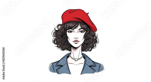 Stylish illustration of a woman with curly hair wearing a classic red beret and denim jacket isolated on white background