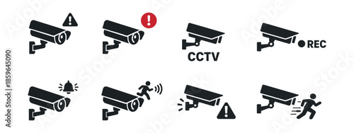 A set of black and white silhouette icons of video surveillance cameras in a minimalist style, depicting cameras with indicators and functions, for warning signs or safety icons.