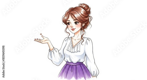 Graceful anime style illustration of a woman in a white blouse and purple skirt gesturing isolated on white background