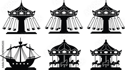 Carousel amusement ride silhouettes set, merry go round icons, fairground entertainment symbols, theme park attraction collection, children fun playground rides illustration