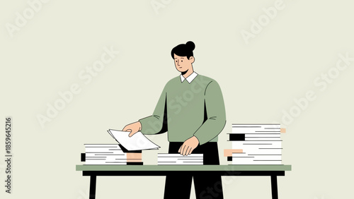 Illustration of a woman organizing paperwork at a desk with stacks of documents