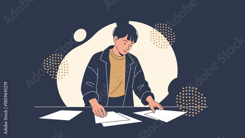 illustration of a woman organizing paperwork at a desk with a modern flat design style