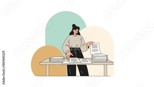 Illustration of a woman organizing paperwork at her desk with colorful shapes behind her