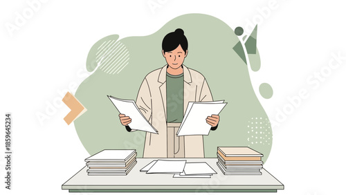 illustration of a woman reviewing documents at a desk with stacks of papers in a professional
