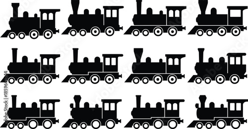 Black steam locomotive silhouettes set, vintage train icons collection, classic railway engine illustrations isolated on white background for transport design projects logos posters branding