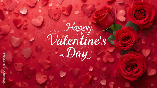 valentine card with roses and hearts, Valentine’s Day background featuring hearts, valentines day greeting card, “Happy Valentine’s Day” text, red roses.