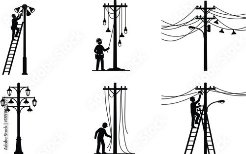 Electric utility workers silhouettes repairing street lights and power lines safety maintenance concept icons set isolated white background vector illustration black technician collection design
