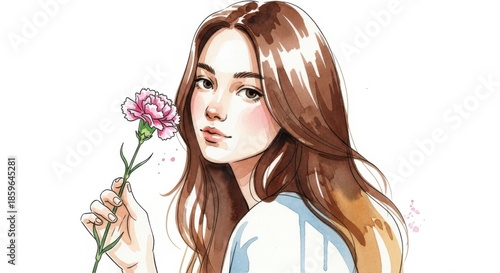 Beautiful young woman holding a pink carnation flower with a soft delicate look isolated on white background