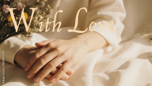 Elegant hands holding flowers with With Love text overlay, soft focus.