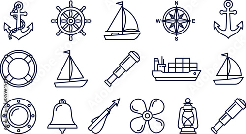 Nautical maritime line icon set, sailing boat, anchor, compass, ship wheel, telescope, lifebuoy, marine navigation symbols, ocean travel design elements