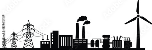 Industrial power generation silhouette with factory, wind turbine, electricity transmission towers, energy infrastructure, renewable and fossil fuel power concept, black industrial skyline