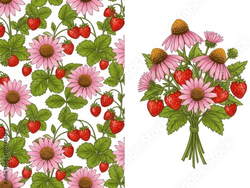 Floral and strawberry pattern isolated on transparent background
