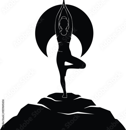 Silhouette: Yoga tree pose on rock. Woman in Vrksasana with nature background. Spiritual health.