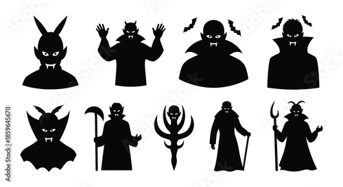 A collection of spooky black silhouette figures depicting halloween monsters and creatures