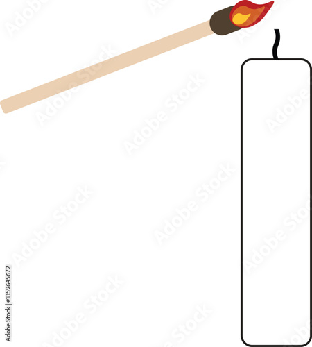 Minimal flat vector illustration of a lit match igniting a candle on a clean white background.