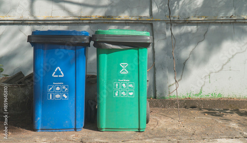 Two recycling bins, one blue and one green, positioned against a textured wall, showcasing environmental waste management.