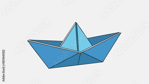 Simple blue paper boat origami on white background.