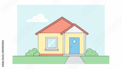Simple cartoon house with red roof and blue door.
