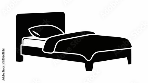 Simple Silhouette of a Comfortable Bed with Pillow and Blanket.