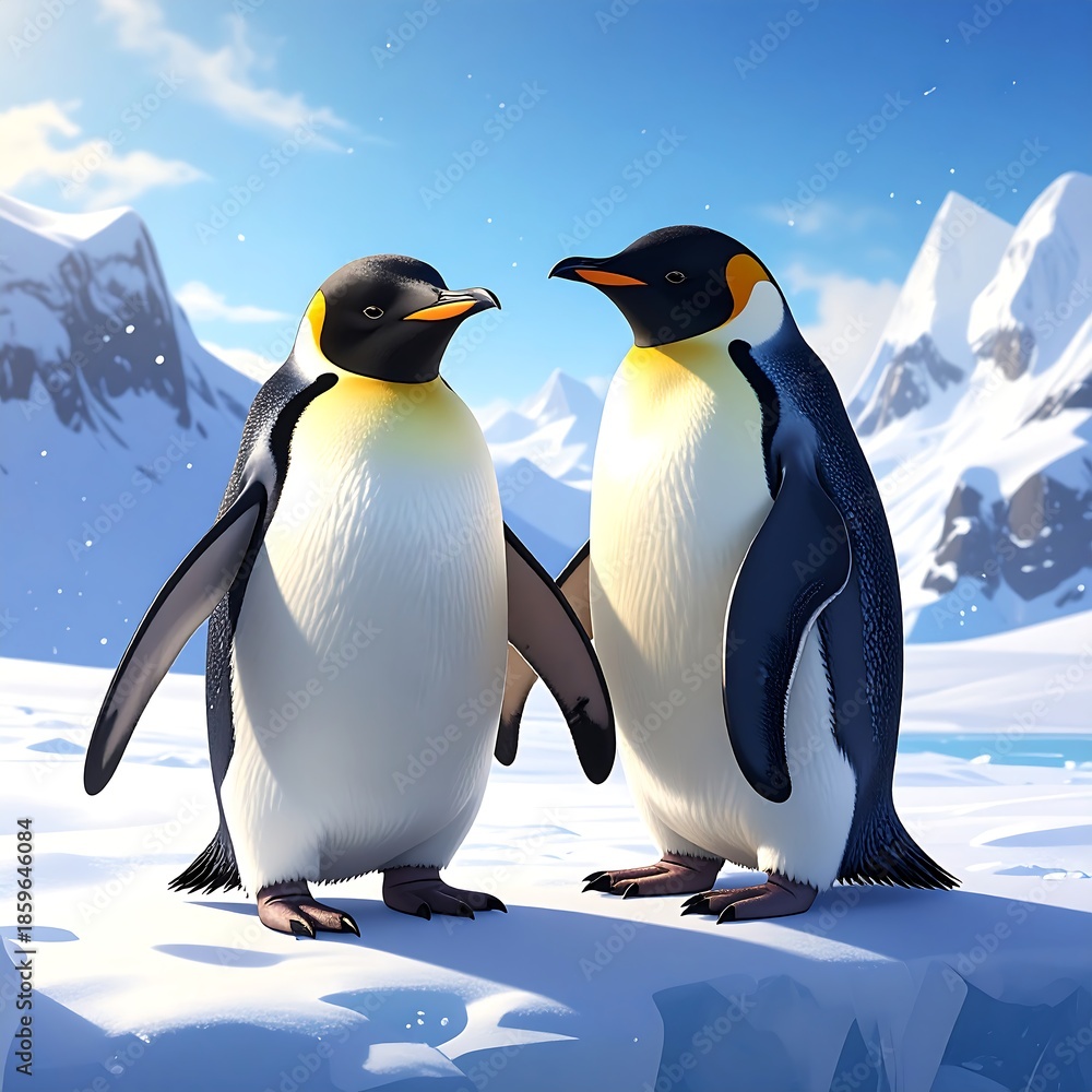 Fototapeta premium Two penguins on ice, sunny day