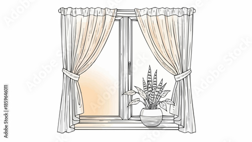 Sketch of a window with curtains and a potted plant.