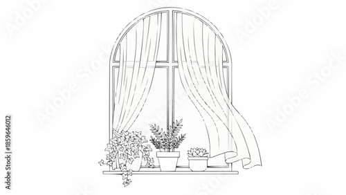 Sketch of a window with curtains and potted plants on the sill.