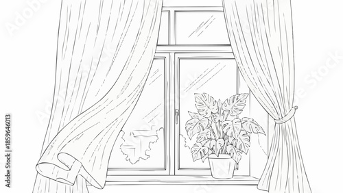 Sketch of a window with curtains and a potted plant.