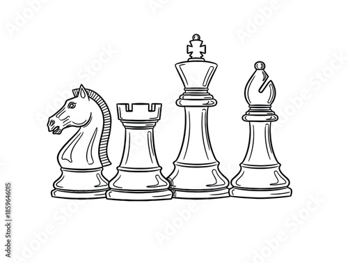 Chess Pieces in a Row: Knight, Rook, King, and Bishop Illustrated Line Drawing