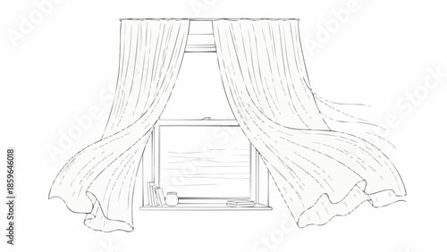 Sketch of a window with curtains blowing in the wind.