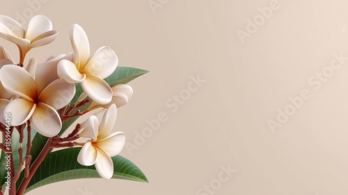 Soft Creamy Plumeria Flowers with Green Leaves on Gentle Neutral Background for Floral Design and Nature Inspired Decor