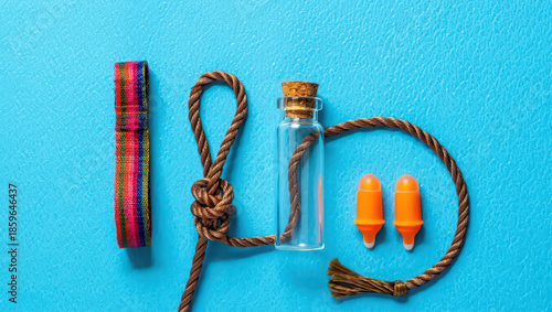 Artistic Still Life Arrangement Featuring a Colorful Ribbon, Knotted Rope, Glass Bottle, and Earplugs on a Vibrant Blue Background for Creative Display