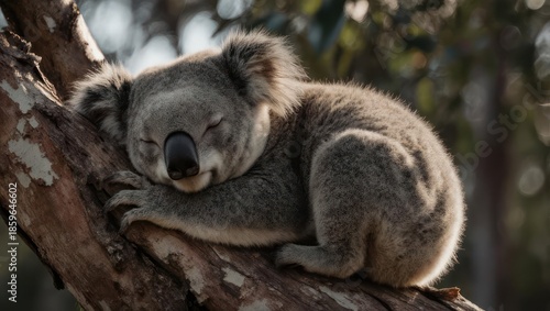 Koala sleeping peacefully on a eucalyptus tree branch in Australia.