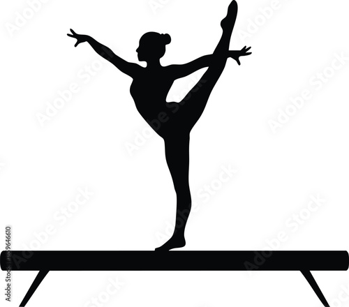 Artistic gymnast silhouette on balance beam. Displaying flexibility and strength. Sports competition concept.