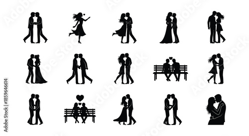 Silhouettes of couples embracing and romantic scenes in a minimalist style