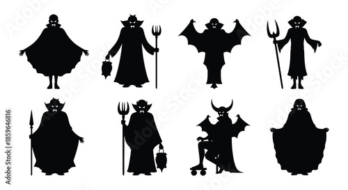 A collection of spooky black silhouette figures depicting halloween monsters and creatures