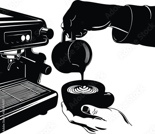 Barista pouring coffee into a cup. Espresso machine and latte art preparation. Coffee culture concept.