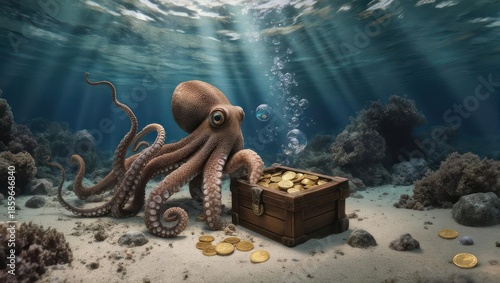 Octopus guarding a treasure chest filled with gold coins underwater.
