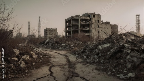 Ruined Industrial Buildings Amidst Debris and Destruction.