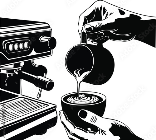 Coffee brewing process illustration. Espresso machine interaction and latte art creation. Culinary art concept.