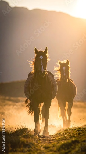 Two horses running at sunset