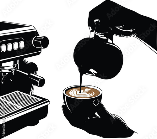 Coffee preparation illustration. Hand pouring espresso into a cup. Barista art concept.